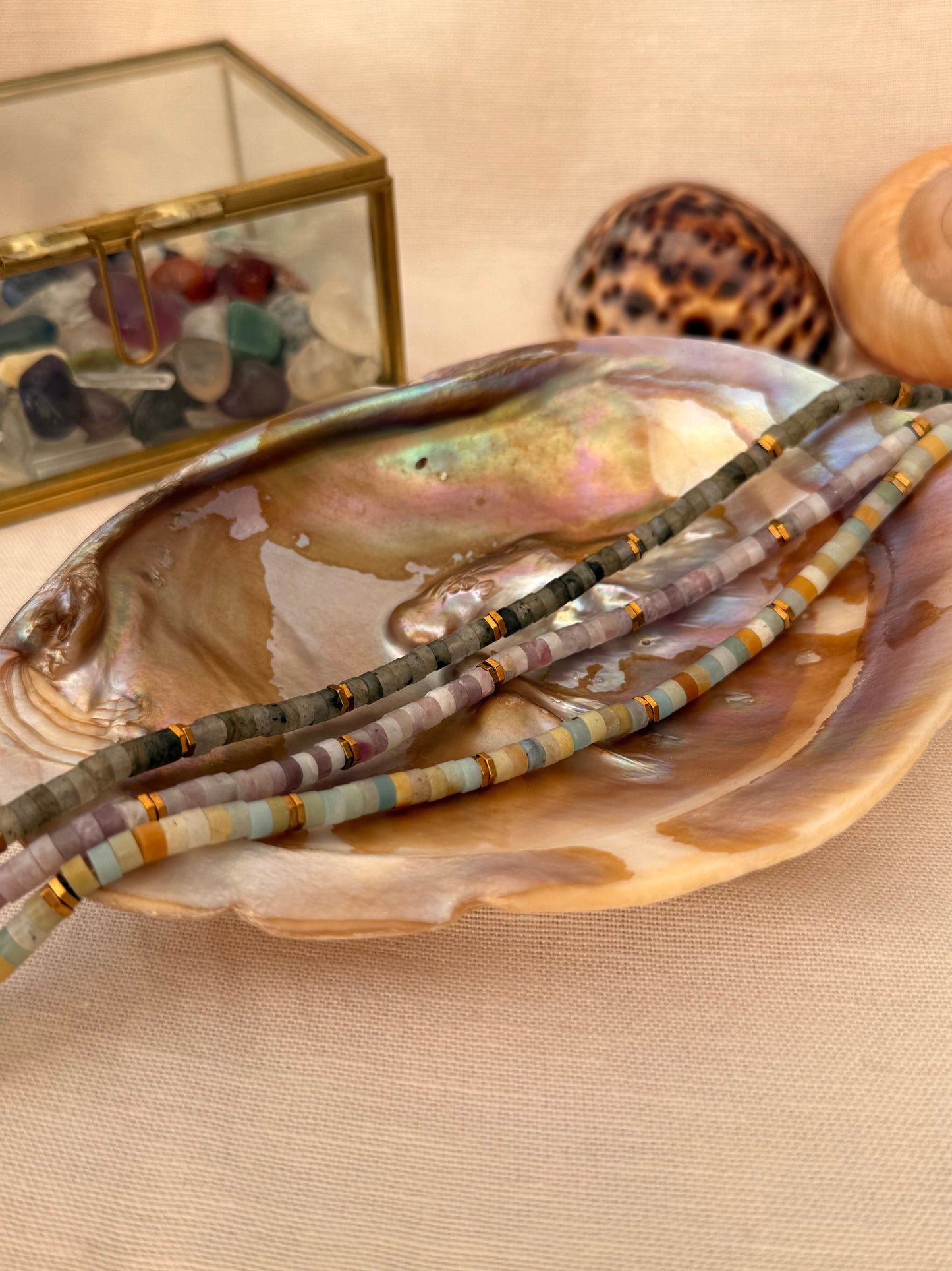 Decorative beads on a shell with a glass box containing stones in the background